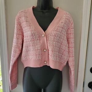 Francesca's Collections Pink Tweed V-Neck Cropped Cardigan
